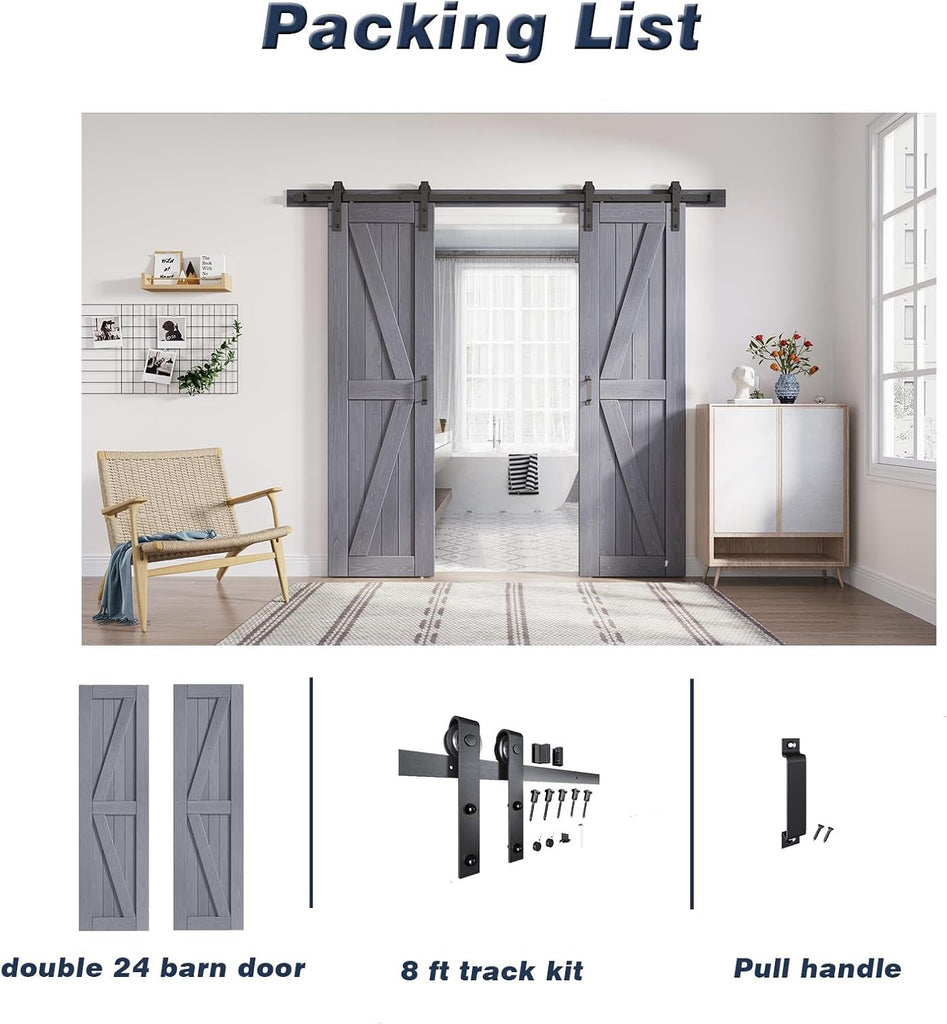 Gray Double 24x84 Inch Doors 48 barn Door with 8FT Barn Door Hardware Kit Included K Shape Natural S