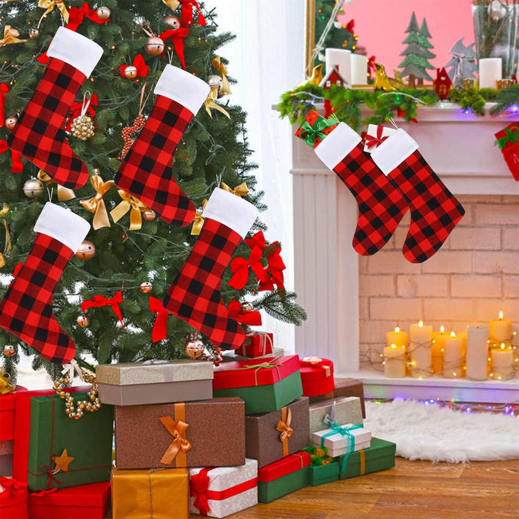Christmas Buffalo Plaid Stockings,6 Pack 18 Inches Large Black White Plaid Stockings - Set of 6