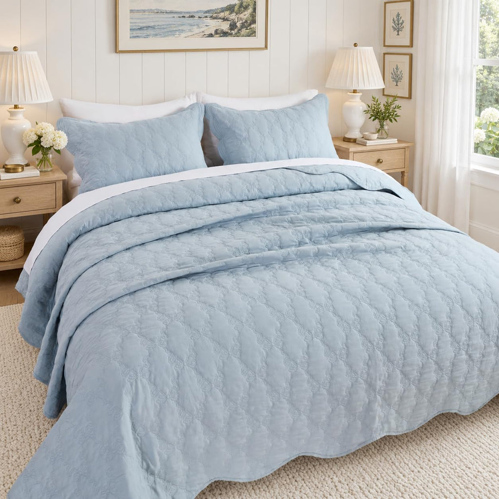 Quilt Set Cotton Dusty Blue Chic Bow Scalloped Coverlet 3PC