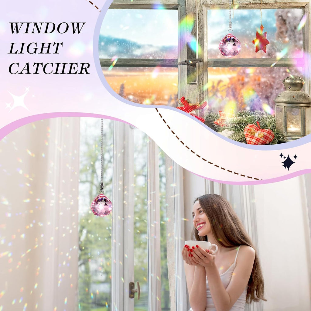2 Pcs Crystal Prism Ball 40 mm Suncatcher with Chain Hanging Rainbow Pendants Prism for Windows Gift Feng Shui(Pink)