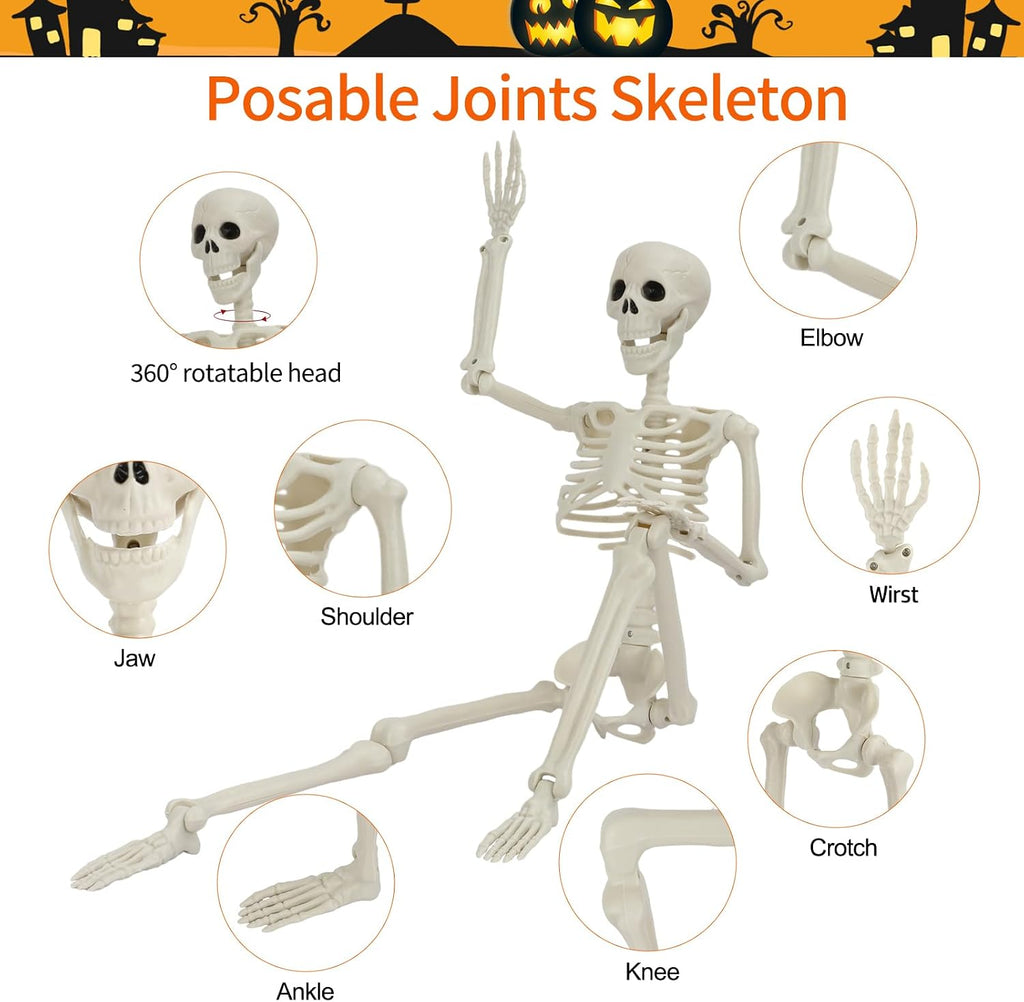 Halloween Skeleton Decorations, 2 Pack 36" Full Body Joints Posable Skeleton with 3 Pack 16" Hanging Skeleton, Creepy - Set of 2