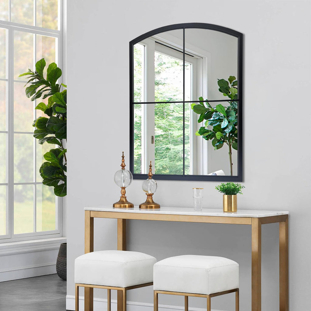 Black Window Pane Mirror, Farmhouse Arched Grid Mirrors for Fireplace/Entryway/Hallway/Living Room 28"X36"