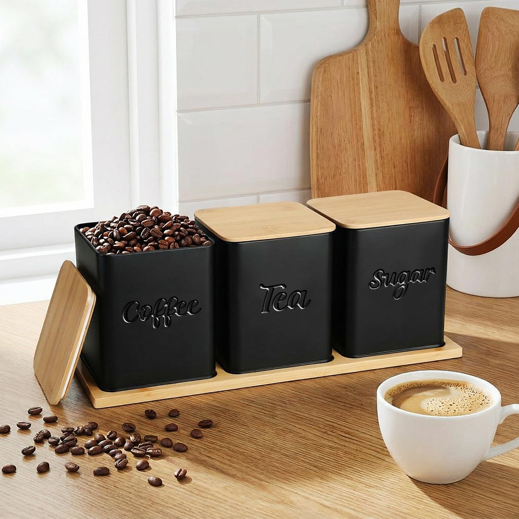 Set of 3 Coffee Tea Sugar Canisters with Bamboo Lid Tray Airtight Metal Food Storage Containers Jars Decorative