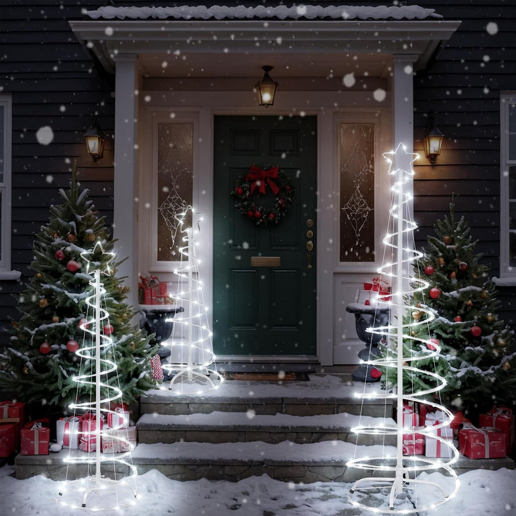 3 Packs Christmas Spiral Tree with Lights, 3/4/5 FT Lighted Xmas Collapsible Tree with Metal Stakes for Indoor &
