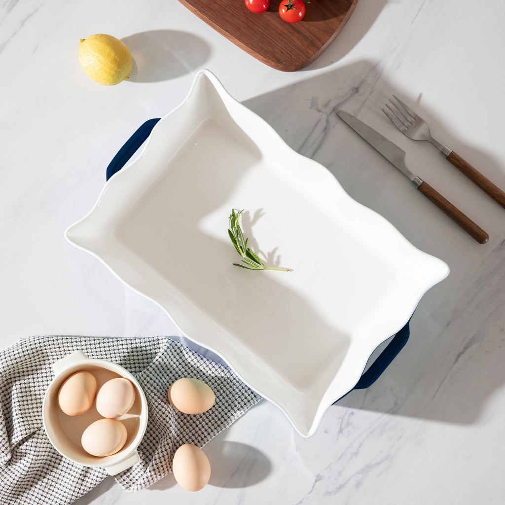 Casserole Dishes for Oven, Ceramic Bakeware Set of 3, Rectangular Baking dish with Handles, Wave Edge Lasagna Pan