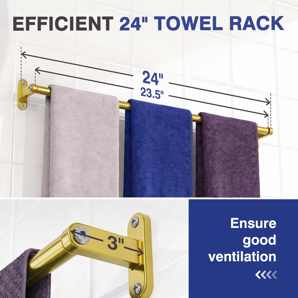 Polished Gold 24" Towel Rack, Rustproof Wall Mounted Towel Bar