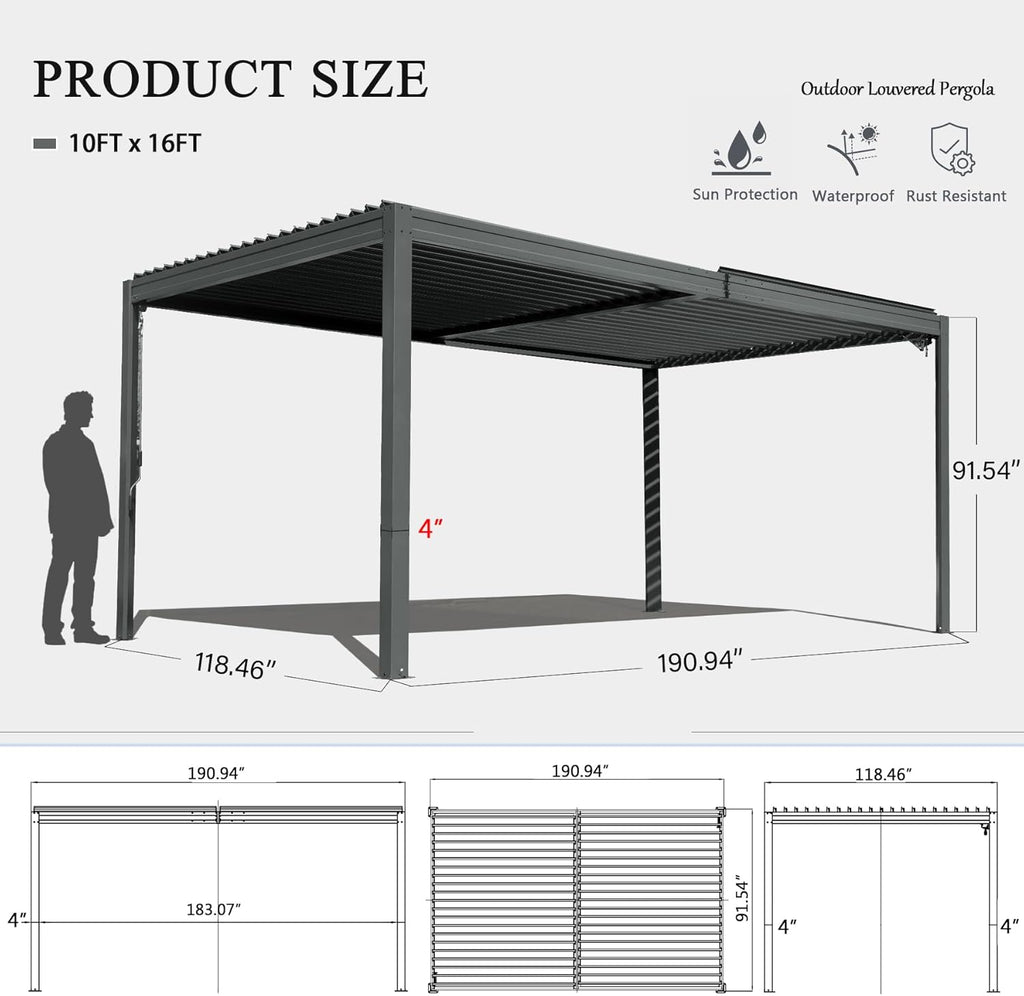 Outdoor Pergola 10x16FT with Adjustable Steel Roof, Louvered Pergola Aluminum Frame for Backyard