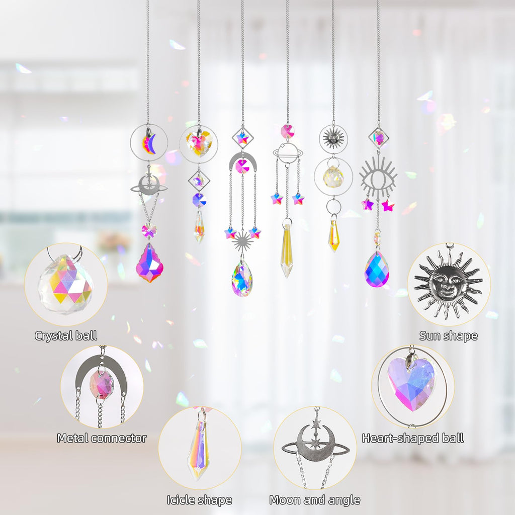 S 6Pieces Colorful Crystals Suncatcher with Chain