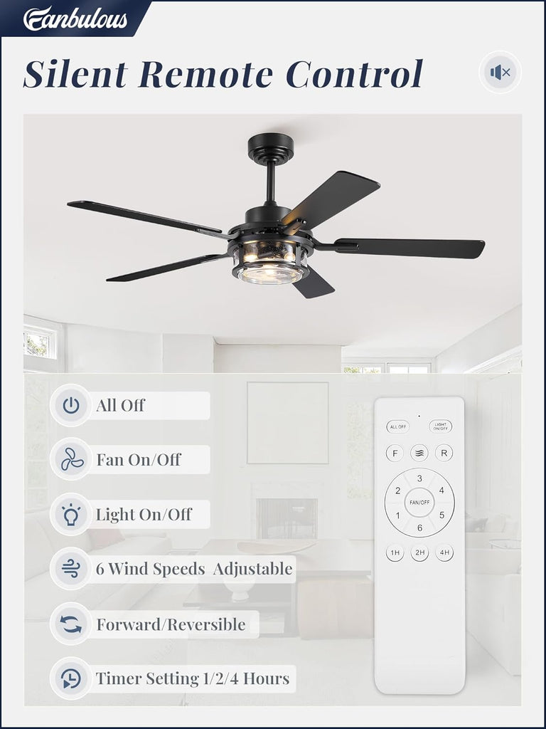 52 Inch Ceiling Fan with Light and Remote,Downrod Mount Farmhouse Ceiling Fan , Quiet 6-Speed Reversible DC Motor