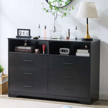 Black Dresser, TV Stand with Charging Station & LED Light