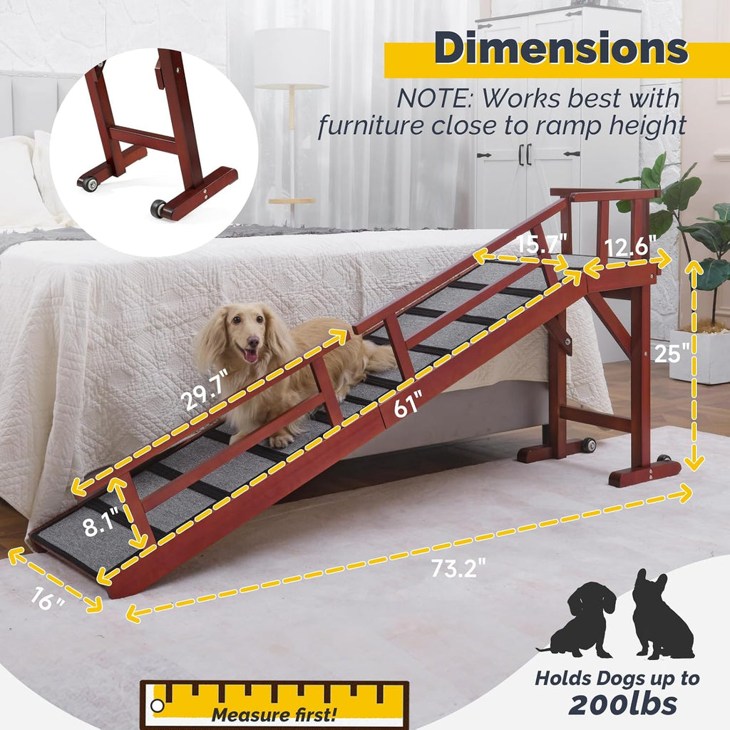 Dog Ramp for Bed or Couch, Wooden Pet Ramp with 20° Gentle Slope, Removable Side Rails, Non-Slip Surface, Top