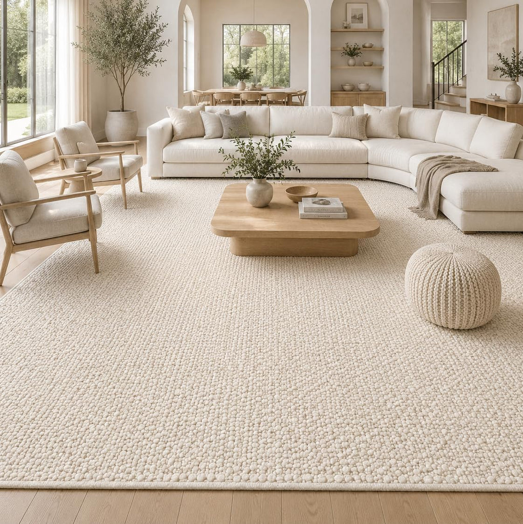 Handwoven Wool Area Rug - Hand Woven Natural Rugs- (Ivory- 9'x12')
