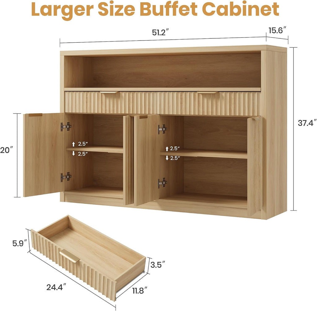 51" Buffet Sideboard Cabinet, Modern Hutch Storage Cabinets Natural | Fluted Pantry with Doors, Drawers & Open