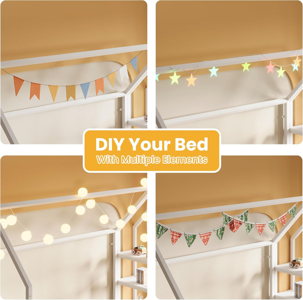 Floor Bed with 3-Tier Shelves, Metal Frame, White