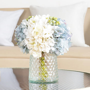 Hydrangeas Floral Arrangement in Glass Vase; Fake Blue