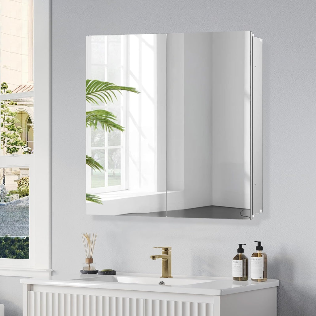 Medicine Cabinet with 26x30 inch Mirror, Mirror Cabinet with Assembly Needed, Aluminum Surface Mount or Recessed Wall