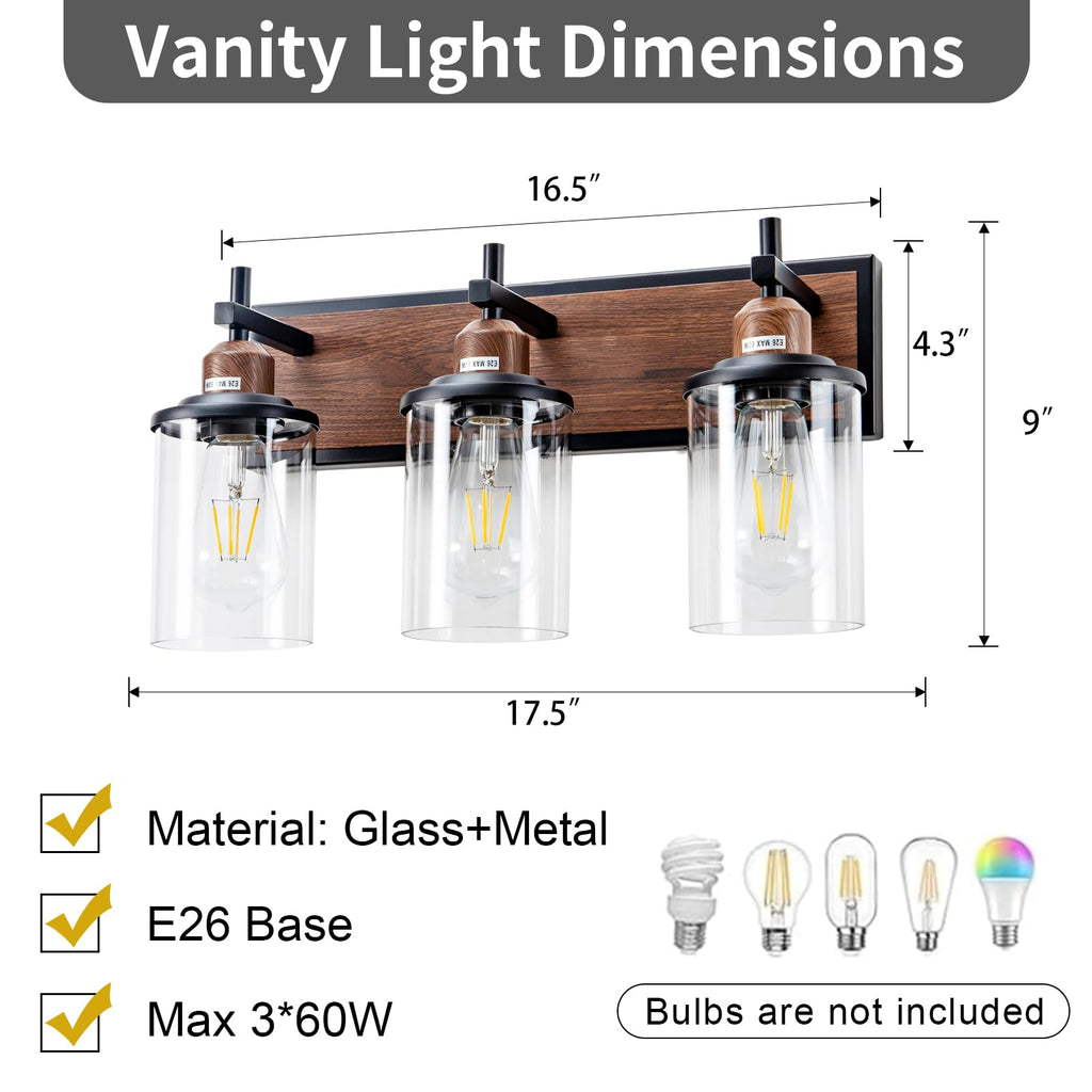 3-Light Farmhouse Bathroom Light Fixtures Vintage Vanity Lights Over Mirror Black and Wood Painted Metal Vanity Light