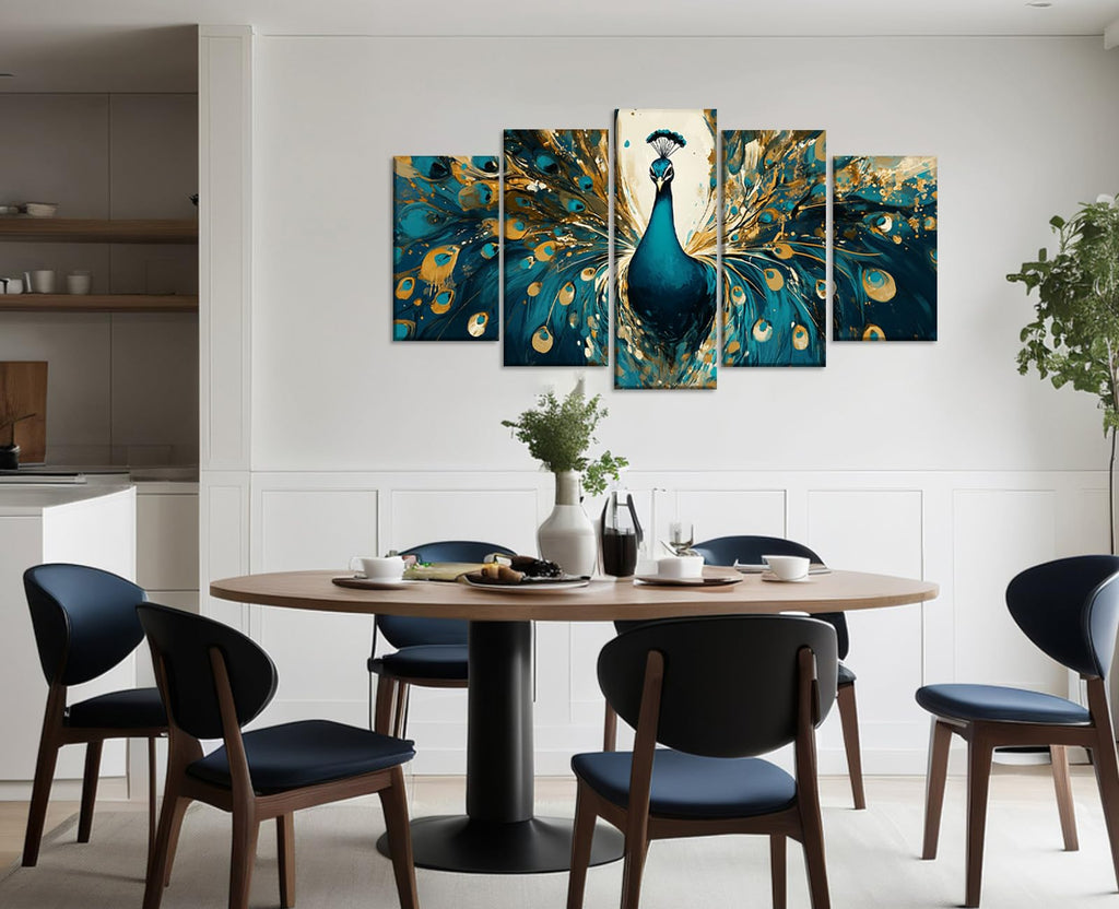 Peacock Wall Art 5 Piece Green and Gold Peacock Picture Canvas Prints Animal Painting Prints Modern Artwork Wall