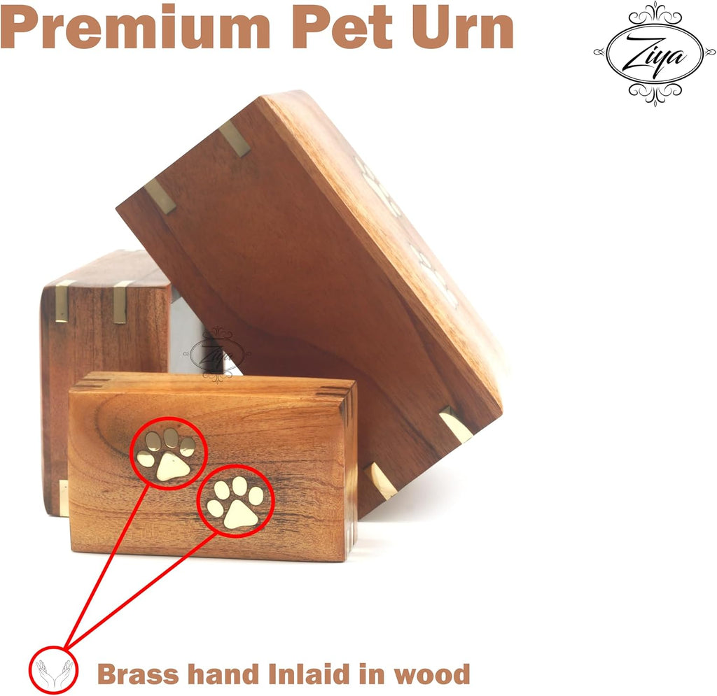 Wooden Small Cremation Pet Urn for Dog and Cat Ashes Box | Handmade Wood Memorial Pet Urn | Brass Paws Inlaid | Pet