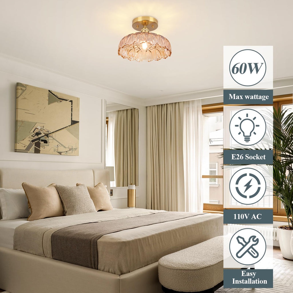 Hallway Lights Fixture Ceiling, Amber Semi Flush Mount Ceiling Lights, 9.4" Flower Light E26 Vintage Light Fixtures for