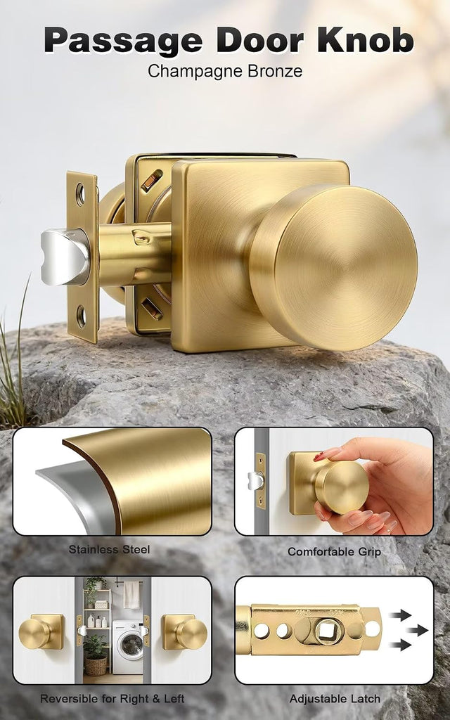 Passage Door Knobs Interior 6 Pack, Champagne Bronze Door Knob Without Lock Inside, Closet & Hallway Classic Round