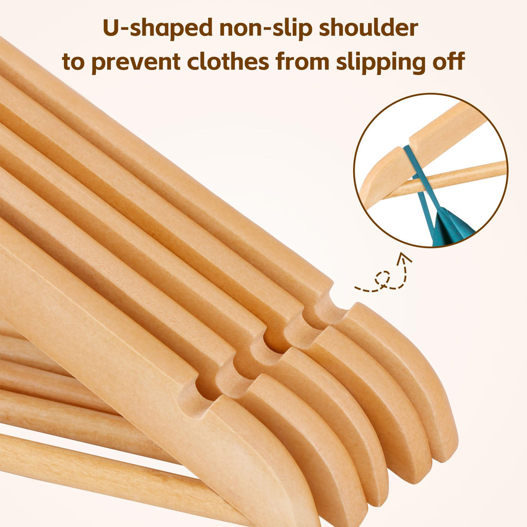Wooden Clothes Hangers 50 Pack, Non-Slip Wood Hangers with 360° Swivel Hook & Shoulder Grooves, Coat Hanger for