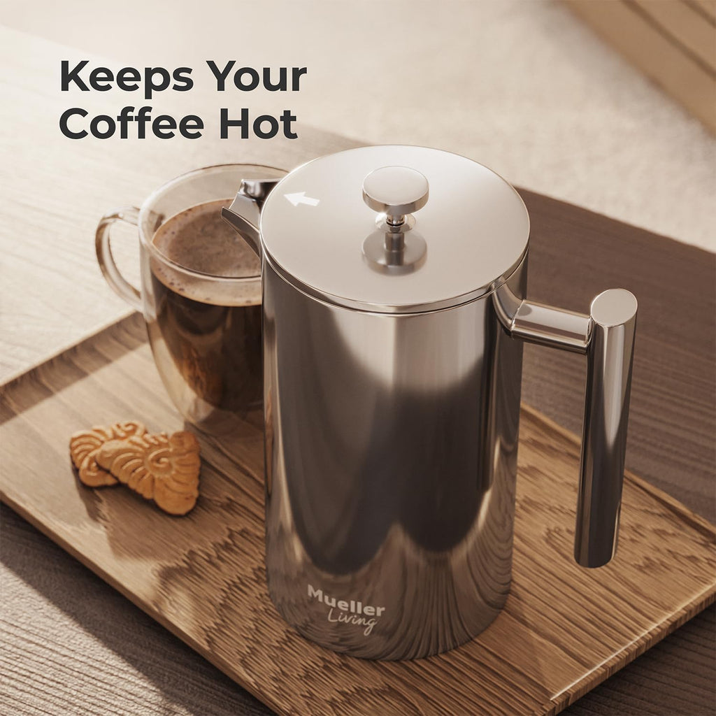 Living French Press Coffee Maker 34oz, Stainless Steel French Press Coffee, 4 Filter Heat Resistant Double Insulated