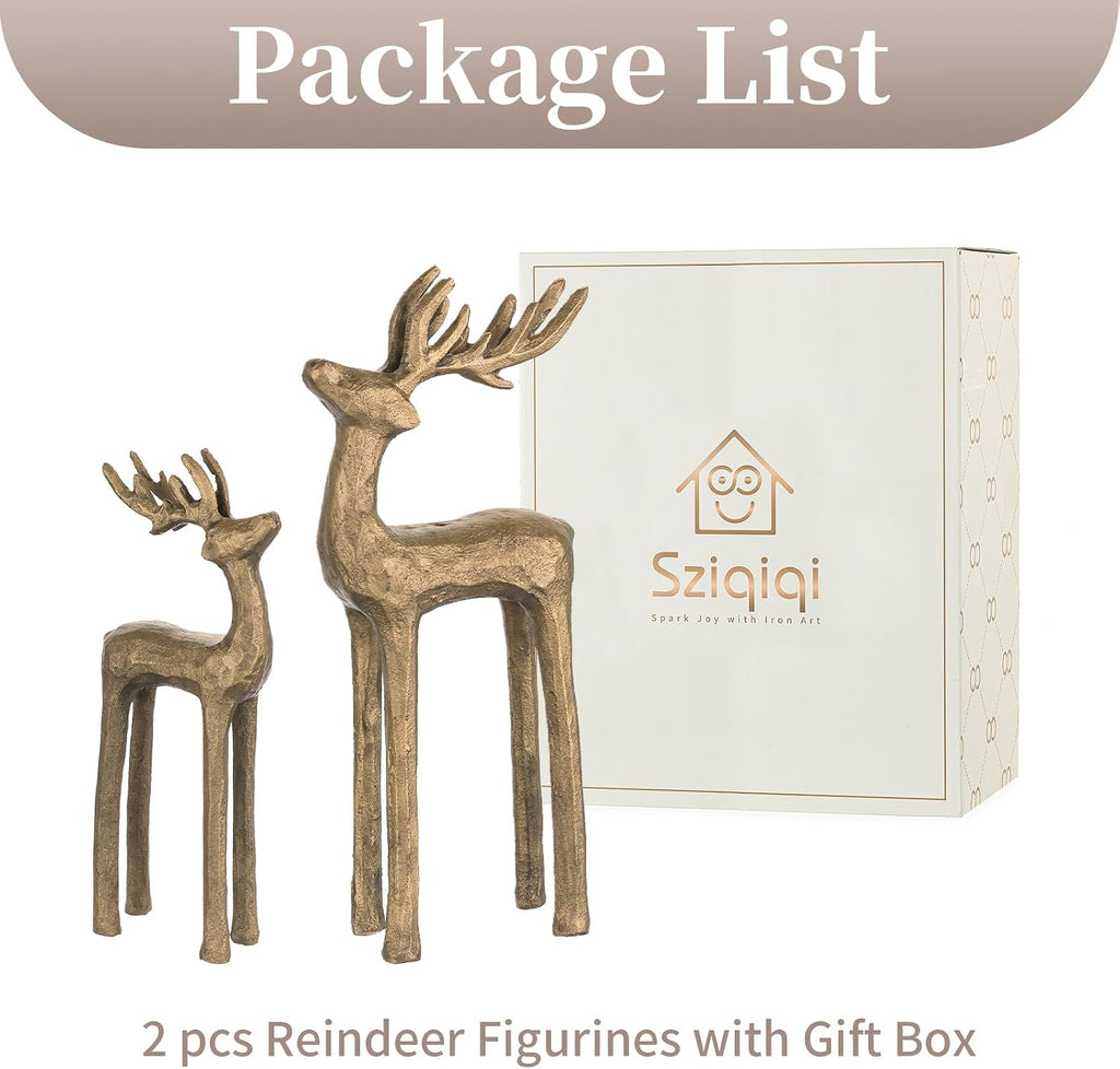 Gold Reindeer Christmas Decor: Set of 2 Iron Reindeer Figurines