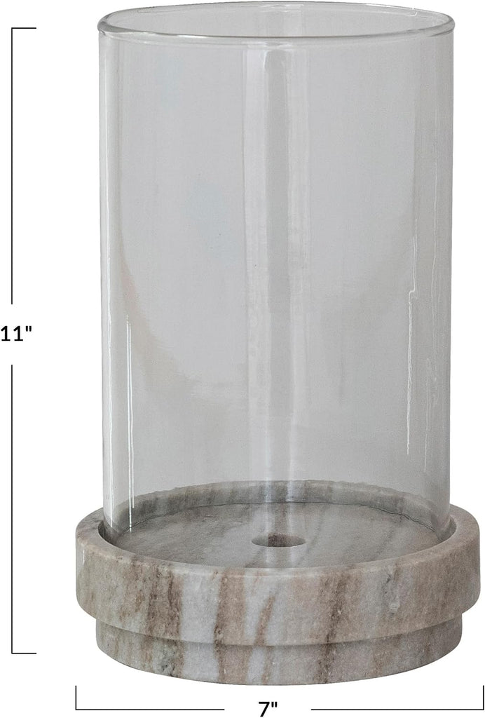 Round Marble Taper/Pillar Candle Holder with Glass Hurricane, Beige Finish