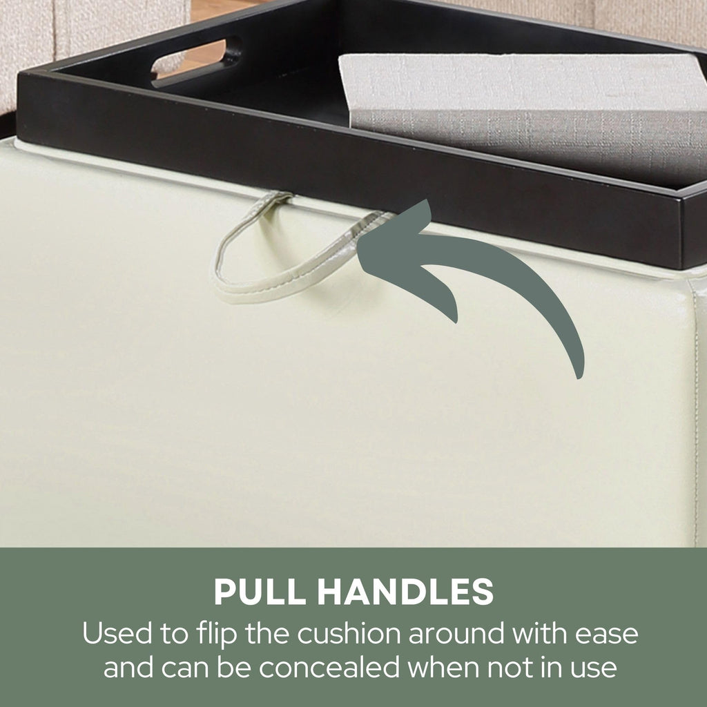 Designs4Comfort Accent Storage Ottoman 22.75" - Modern Foot Stool with Decorative Tray, Ivory Faux Leather