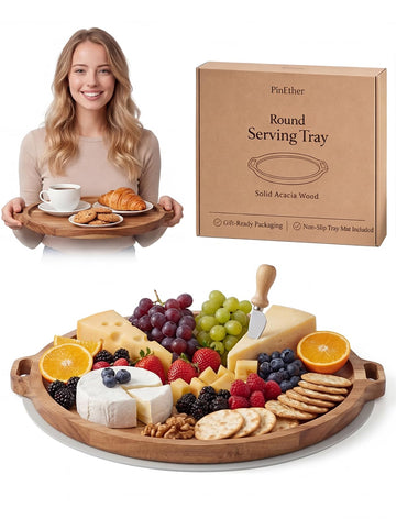 Premium Acacia Wood Round Charcuterie Board, 13 Inch Snack Board with Side Handles, Wooden Cheese Board and Serving