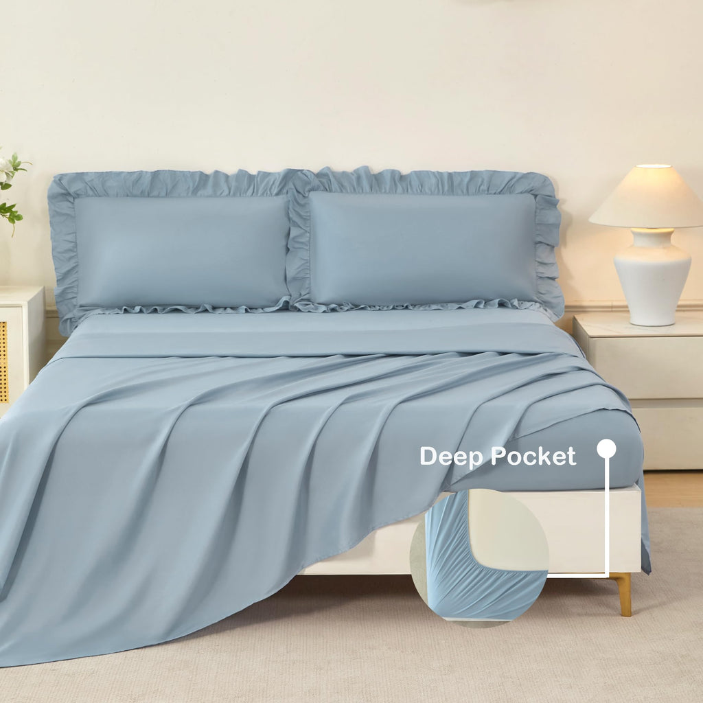 5Pcs Comforter Sets Dusty Blue Ruffle Bedding Sets