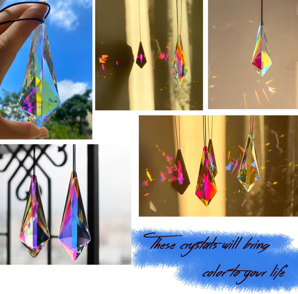 2PCS Cone Crystal Suncatcher Prisms for Windows (Lanky Cone) - AB Color, Transparent, K9 Glass, Rainbow Maker