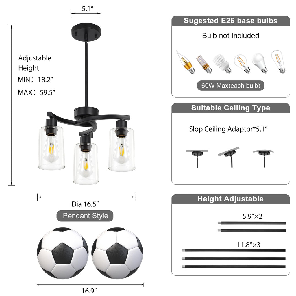 3-Light Modern Farmhouse Chandelier Light Fixtures, 16.5" Black Kitchen Island Pendant Lighting, Adjustable Hanging