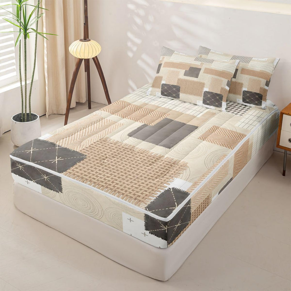 Patchwork Grid Zipper Comforter Set, Boho Abstract Grid Circle Queen Size Bedding Sets, Modern Farmhouse 1 Zipper