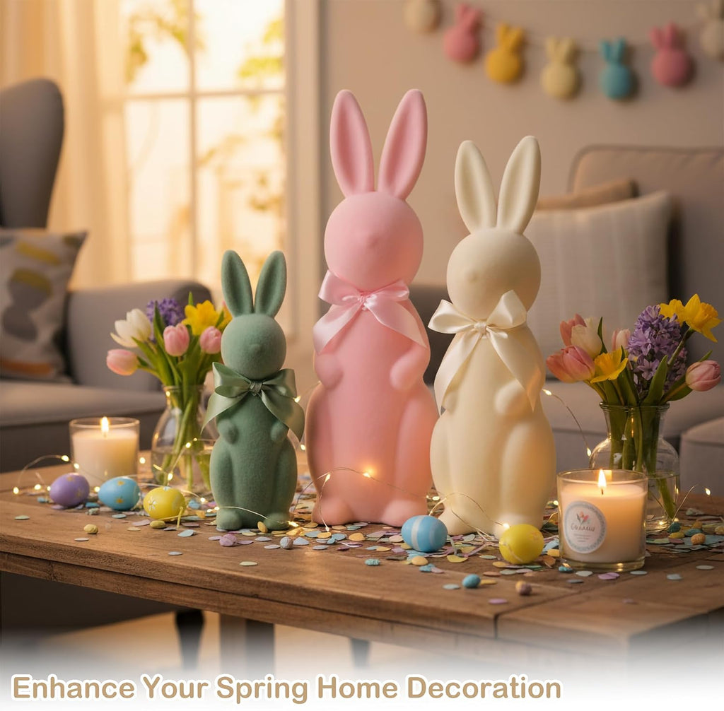 Flocked Bunny Easter Decorations with Bow Ties, Pastel Rabbit Figurines for Easter Centerpieces, Spring Home - Set of 3