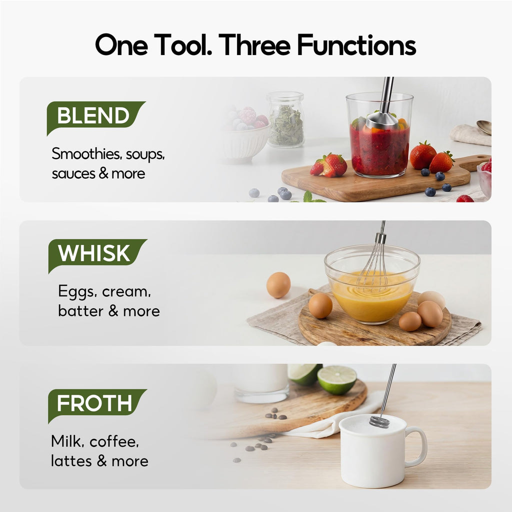 Cordless Hand Blender, 12V Rechargeable Immersion Blender with Brushless Motor, 60+ Bowls per Charge, 2-Blade, Auto