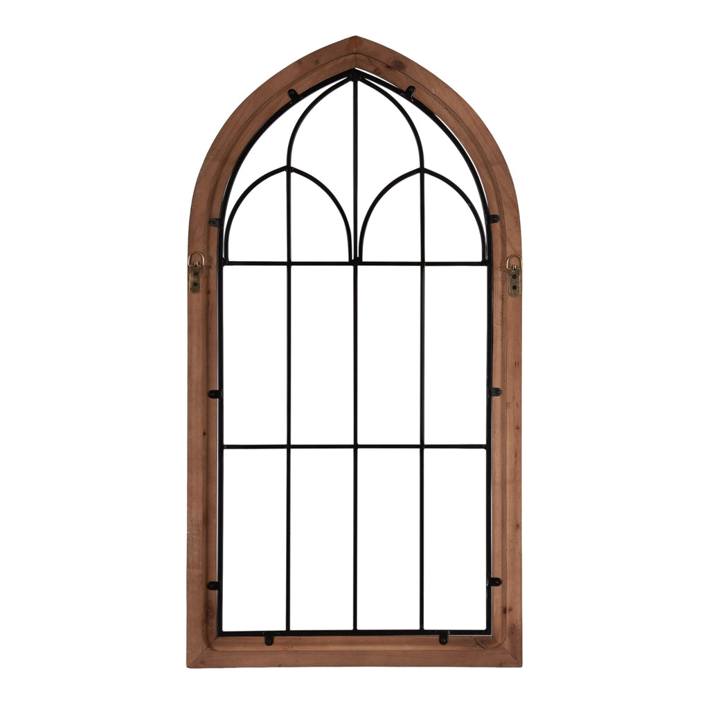 Rennell Farmhouse Arched Wall Art Plaque; 19 x 36; Walnut Brown and Black; Wood and Metal Windowpane Wall Decor for