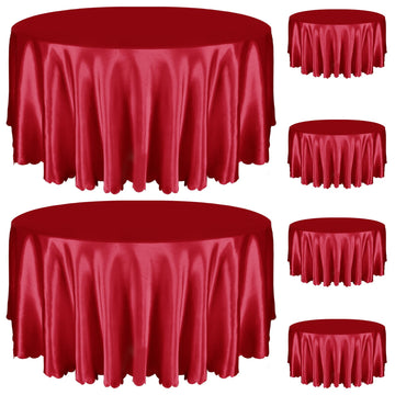 6 Pack 120 Inch Round Satin Tablecloth, Red, for 8-12 Seats
