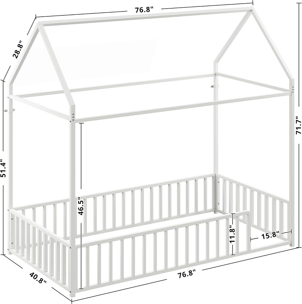 Floor Bed with Fence Guardrails, Metal House Bed, White