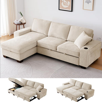 99" Convertible Sleeper Sofa Bed, L Shaped with Storage Chaise Pull Out Couch, USB and Type-C, Removable Washable