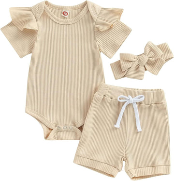 Baby Girls 3 Piece Ribbed Romper Sets Summer Toddler Ruffled Short Sleeve Onesie Elastic Waist Shorts and Bow Headband