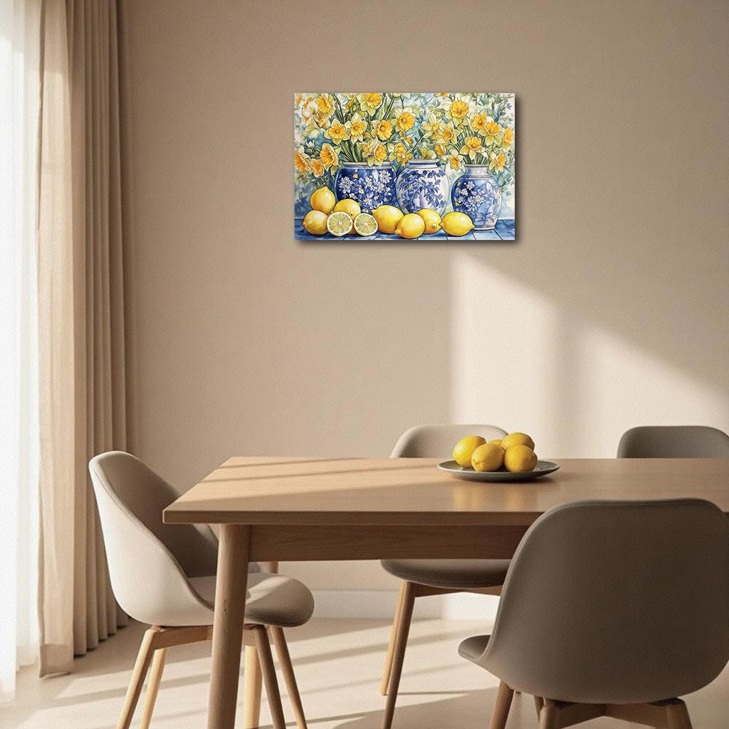 Lemon Wall Art Kitchen Pictures Yellow Lemon and Blue Pottery on Table Painting Vintage Citrus Fruit Canvas Print