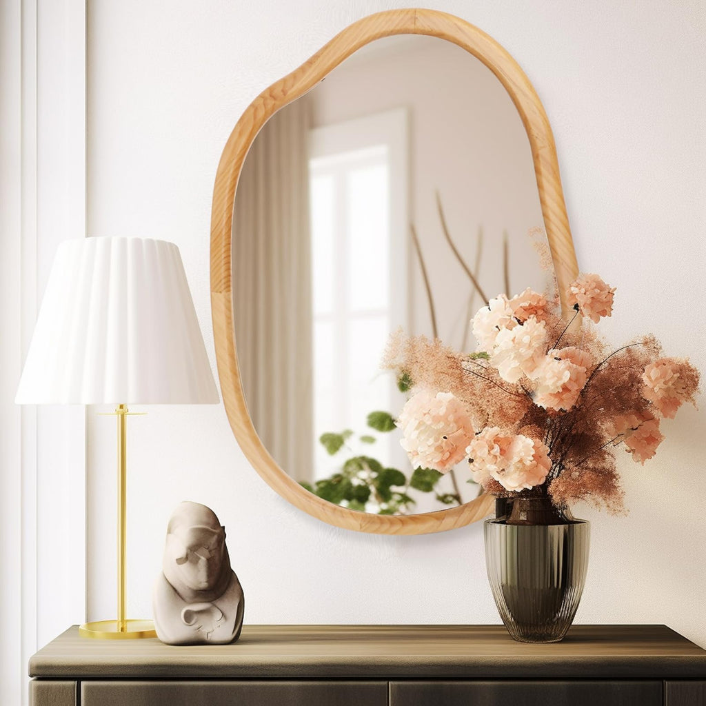 Irregular Wall Mirror, Wood 22X30 Large Asymmetrical Modern Vanity Bathroom Farmhouse Abstract Walnut Nature Mirror