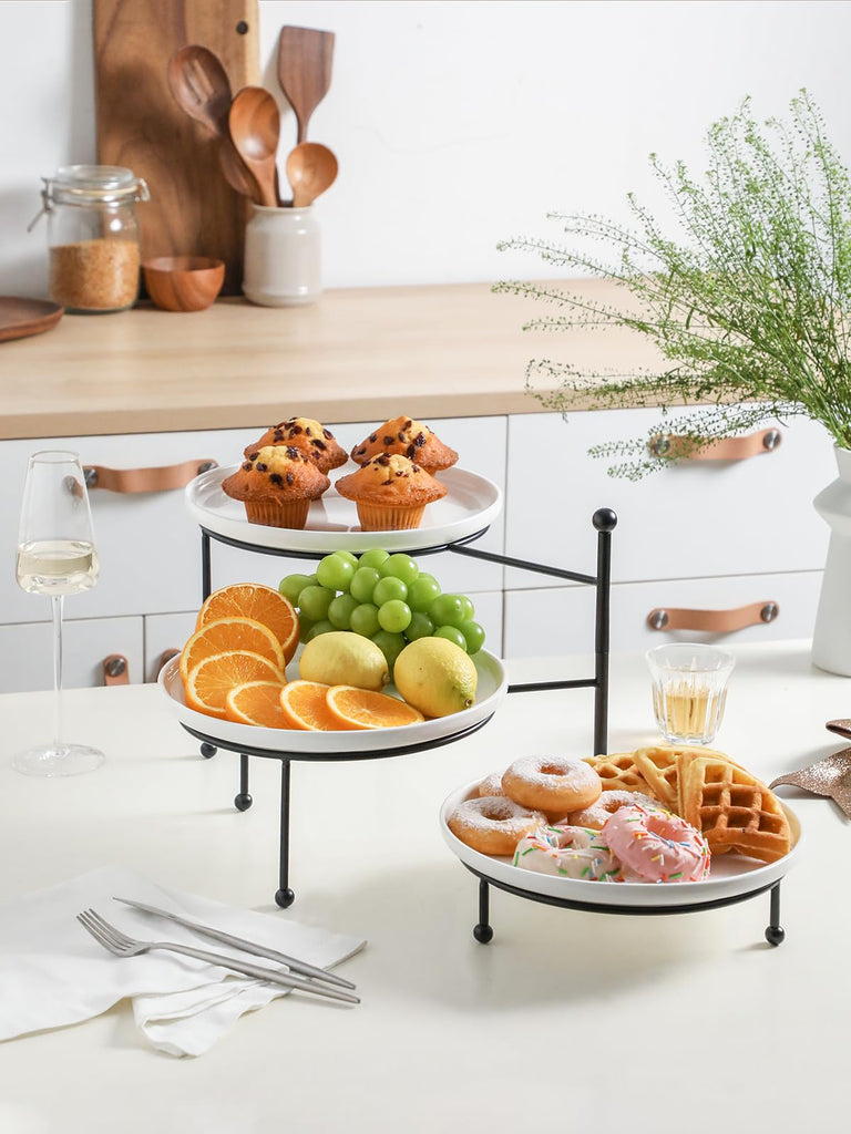 3 Tiered Serving Stand with White Porcelain Plates, 10.3" Round Tray, Dessert Table Display Set, Black Metal Stand