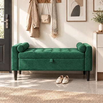 46.5" Green Velvet Tufted Storage Ottoman Bench, Entryway Shoe Bench