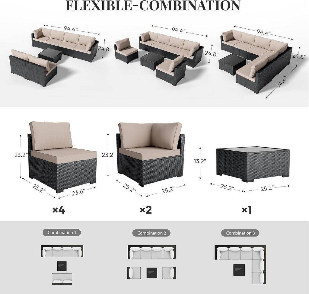 Patio Furniture Set 7 Piece - All-Weather - Wicker Rattan Patio Outdoor Conversation Set, Modular Sectional Sofa for