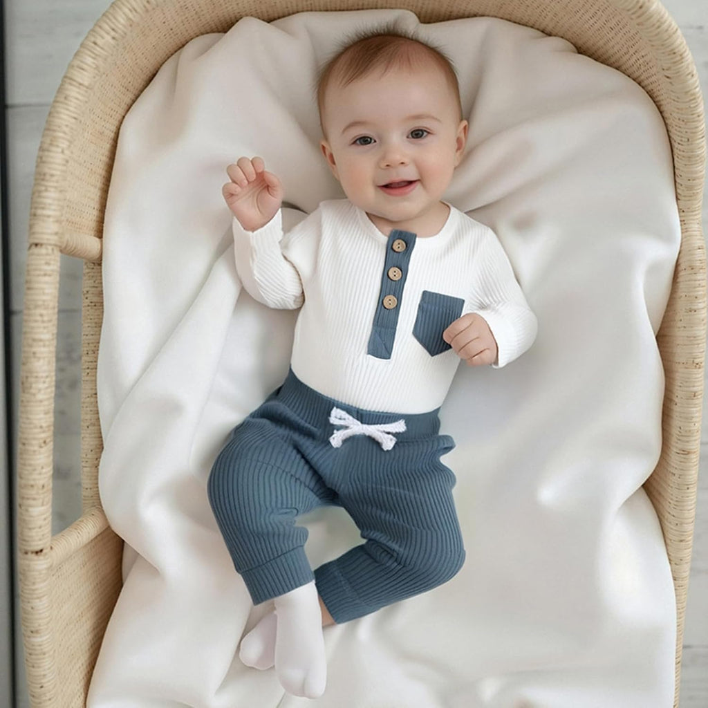 Baby Boy Clothes 3 6 12 Ribbed Knitted Long Sleeve Romper and Pants Sets Newborn Fall Splicing Color Outfits
