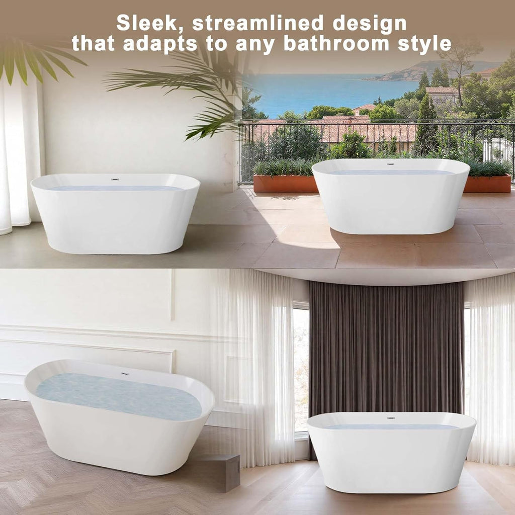 67" Oval Freestanding Soaking Bathtub with Toe-Tap Chrome Drain, Stand Alone Tub, Acrylic Soaking Tub, Ergonomic