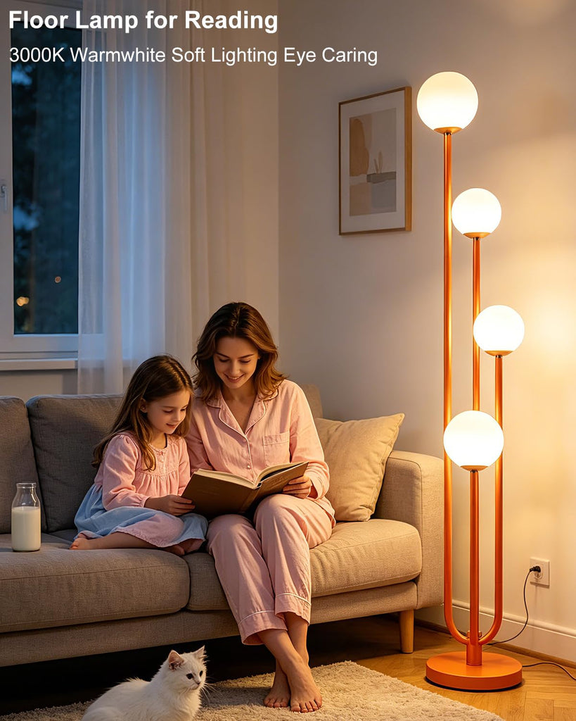 4-Globe Dimmable Orange Floor Lamp, 63IN Standing Tall Lamps with 3000K Bulbs for Reading, Mid Century Modern Floor